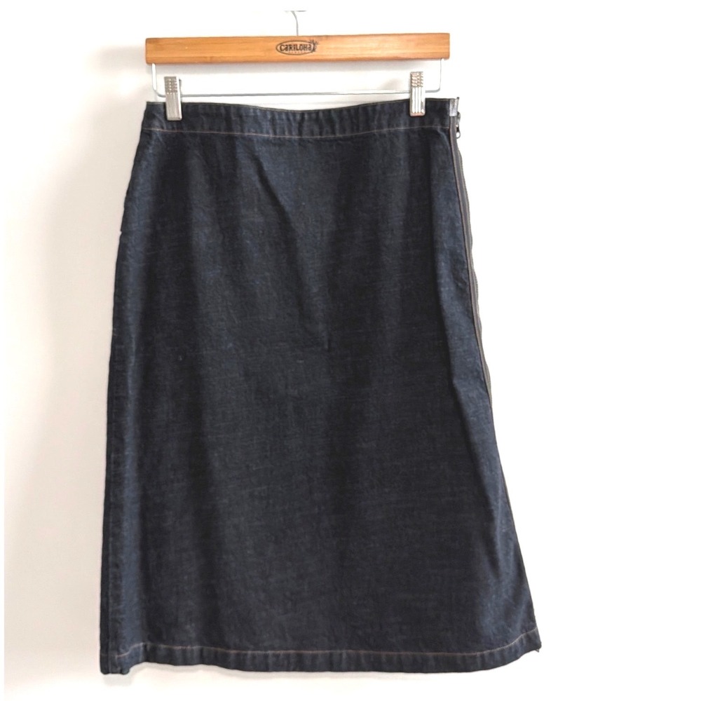 DKNY Dark Wash Denim Knee Length A-Line Skirt Double Side Zip